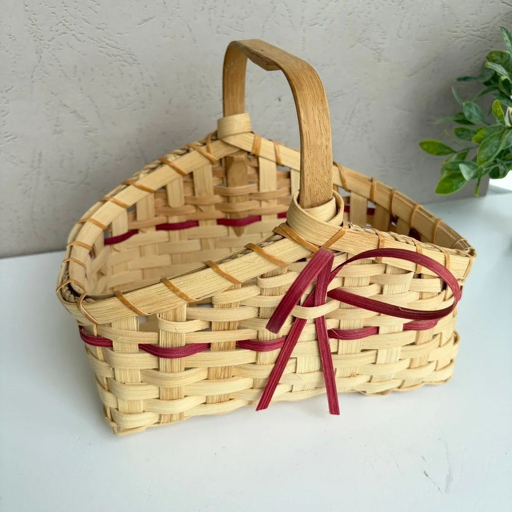 Handwoven Wood Splint Basket with Red Bow and Fixed Handle Natural 8.5 Inch